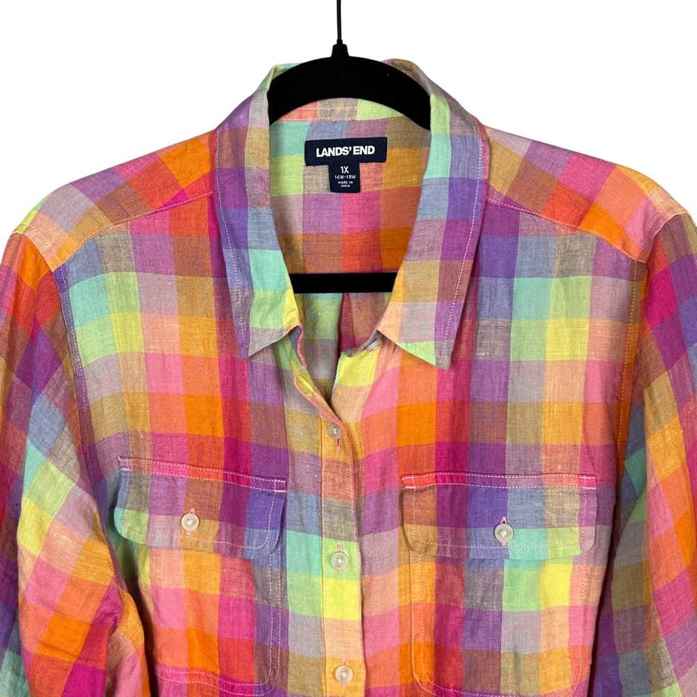 Lands End Linen Shirt Womens 1X Rainbow Madras Plaid Button Down Colorful Preppy - Picture 3 of 11
